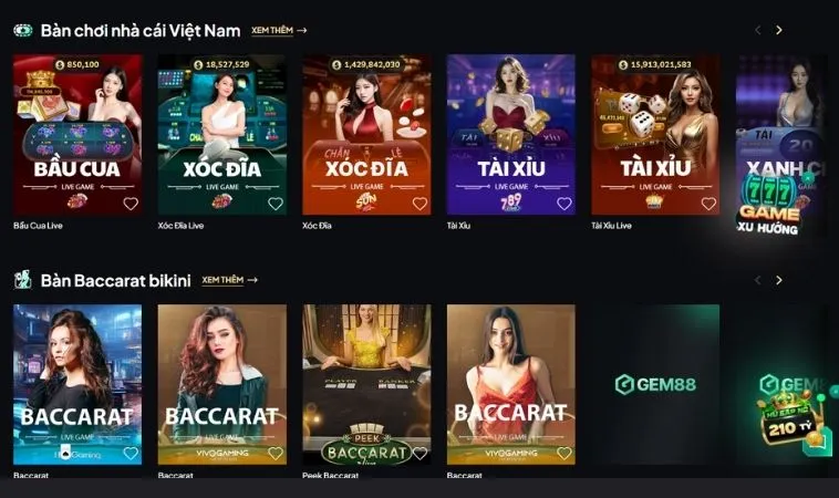 Đa dạng các thể loại trò chơi để trải nghiệm tại sảnh Casino Online Gem88