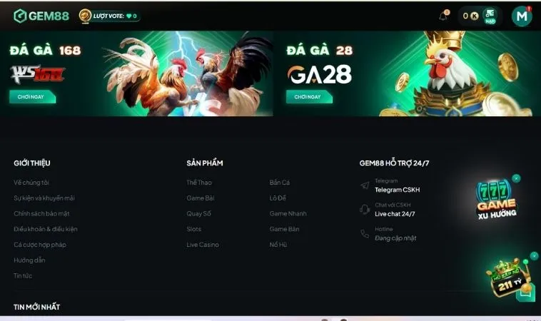 Sảnh đá gà Gem88 thiết kế giao diện đẹp, chuyên nghiệp