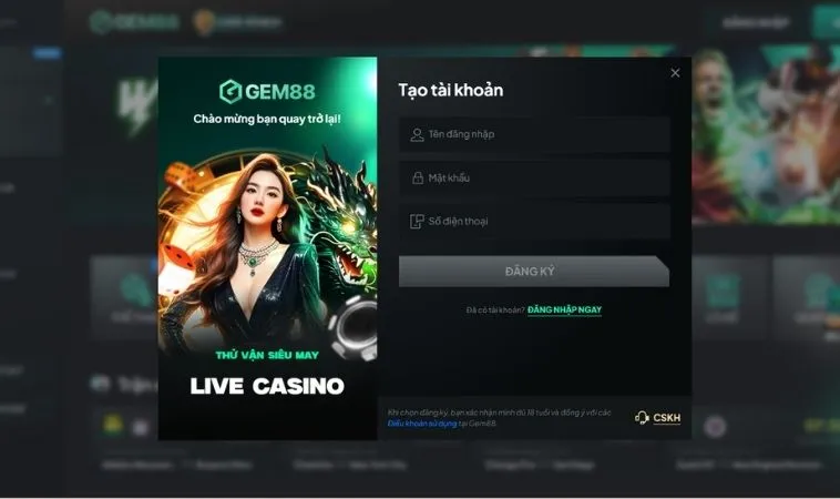 Hướng Dẫn Đăng Ký Gem88: Bí Quyết Nhanh Chóng Cho Bet Thủ Mới 2 Giao diện đăng ký Gem88